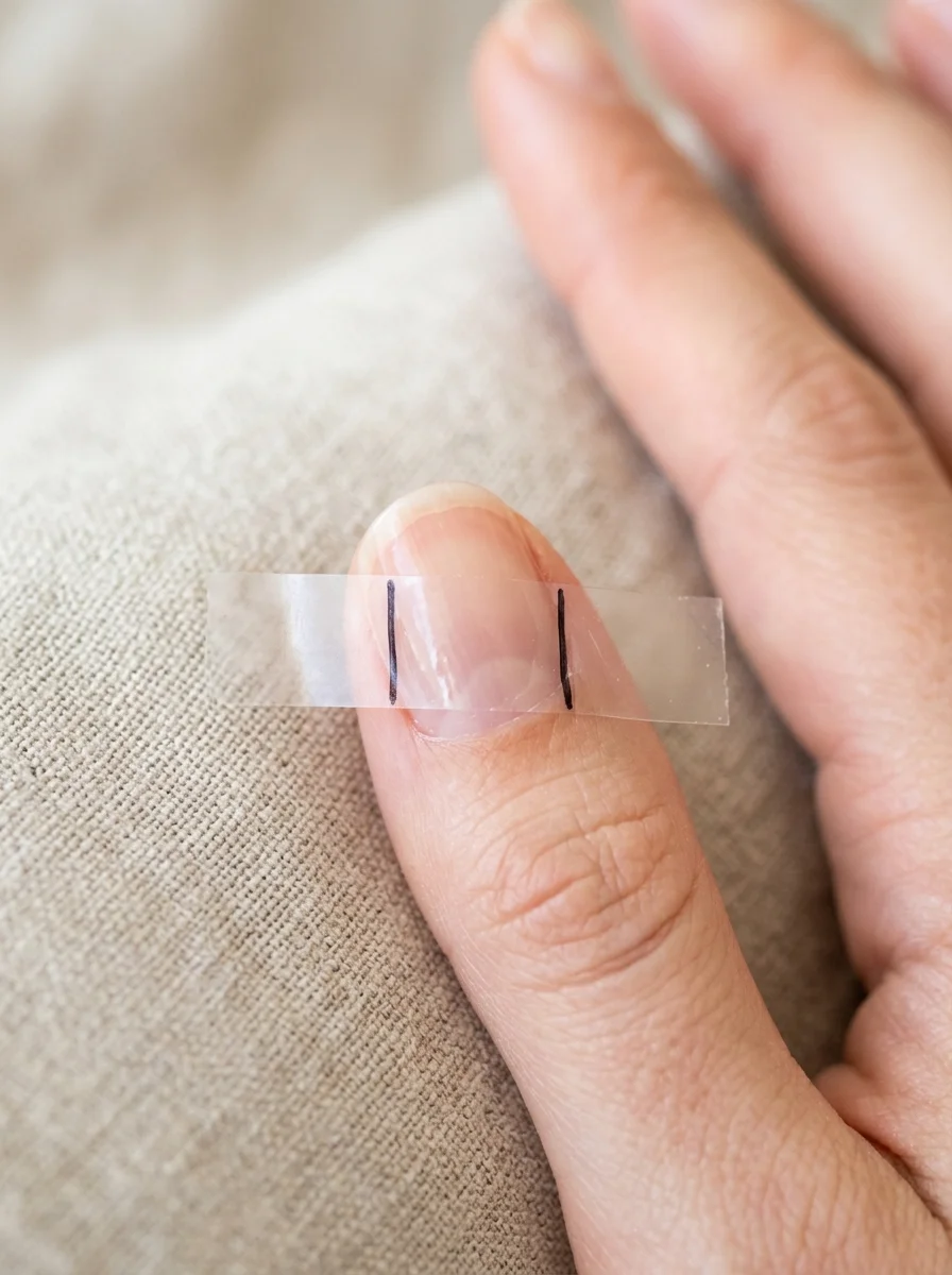 Close-up demonstration of measuring natural nail width with clear tape and pen marks across the widest point of the nail bed