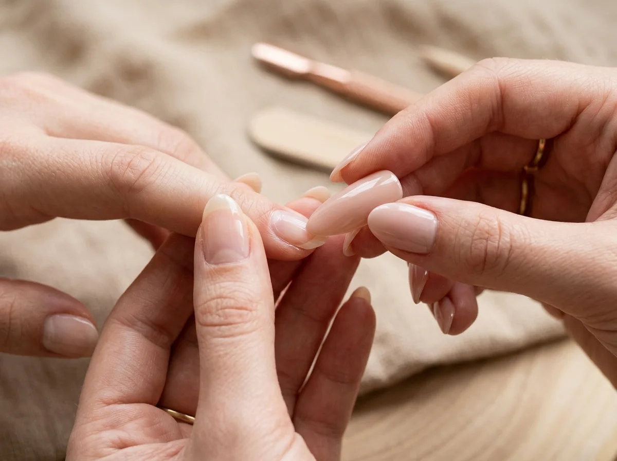 Demonstration of positioning a press on nail starting from the cuticle edge toward the tip to reduce trapped air