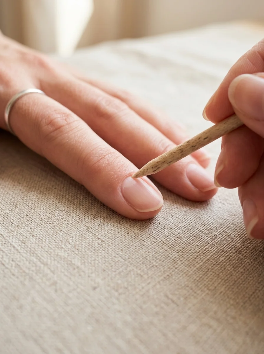 Demonstration of preparing a natural nail bed by gently pushing back cuticles before applying press on nails