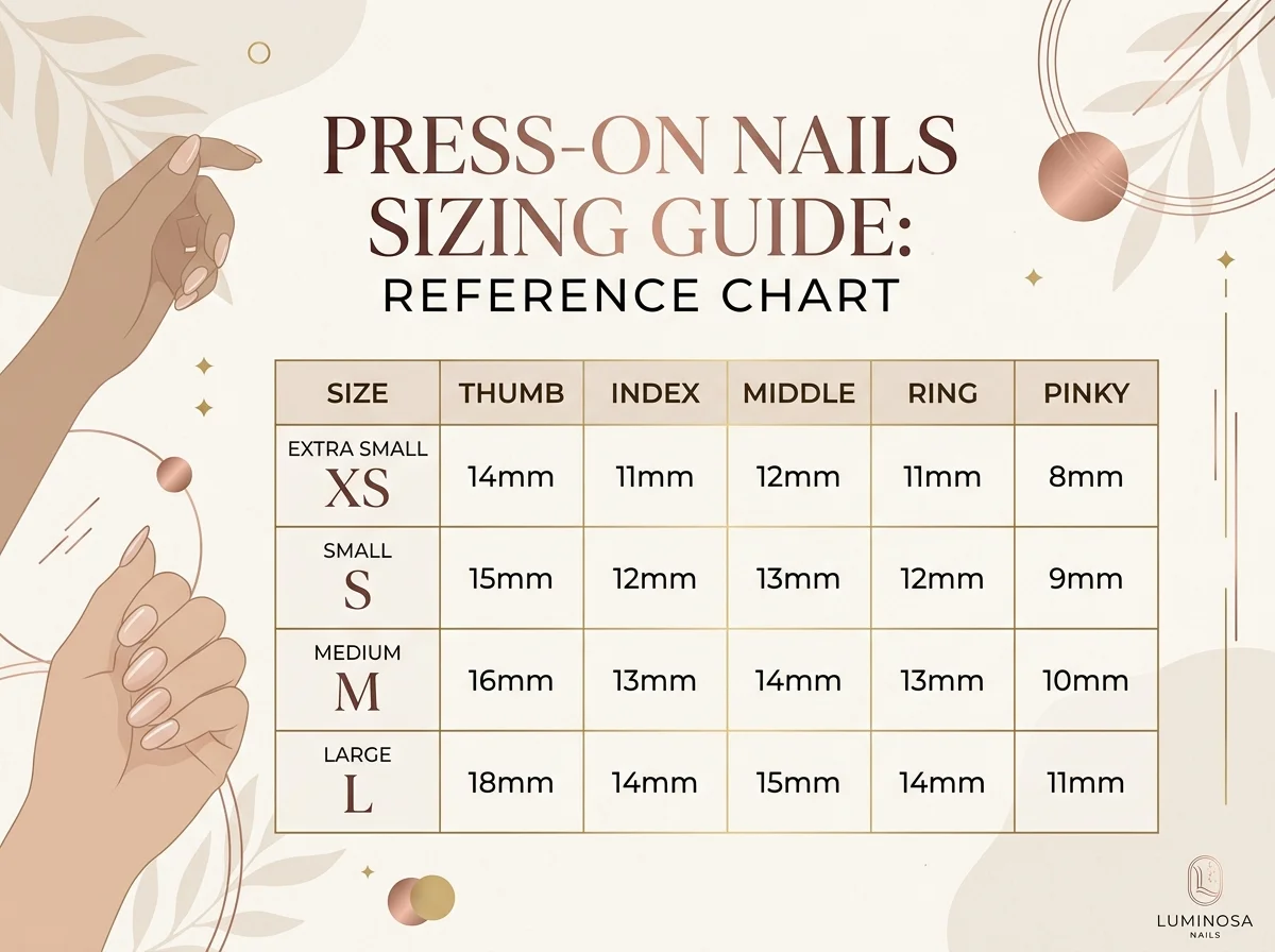Example reference chart illustrating press on nail millimeter measurements from extra small to large
